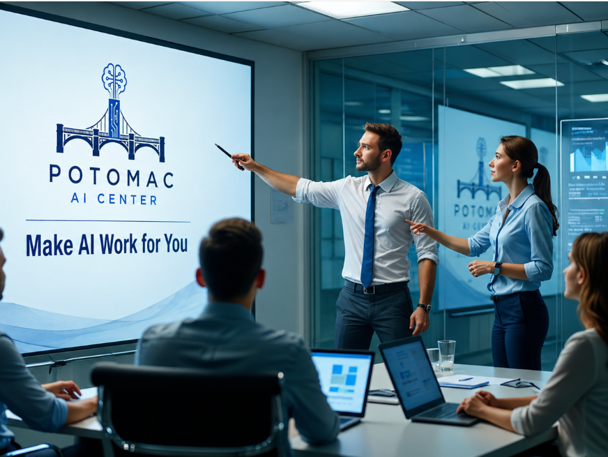 Business team collaborating with an AI concept displayed in a meeting room